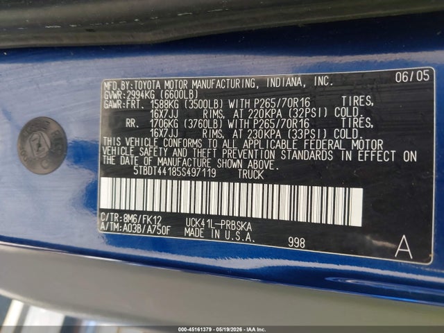 45161379 :رقم المزاد ، 5TBDT44185S497119 vin ، 2005 Toyota Tundra Sr5 V8 مزاد بيع