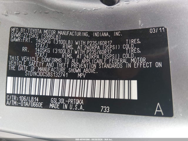 Продажа на аукционе авто 2011 Toyota Sienna Xle V6, vin: 5TDYK3DC5BS132741, номер лота: 45161386