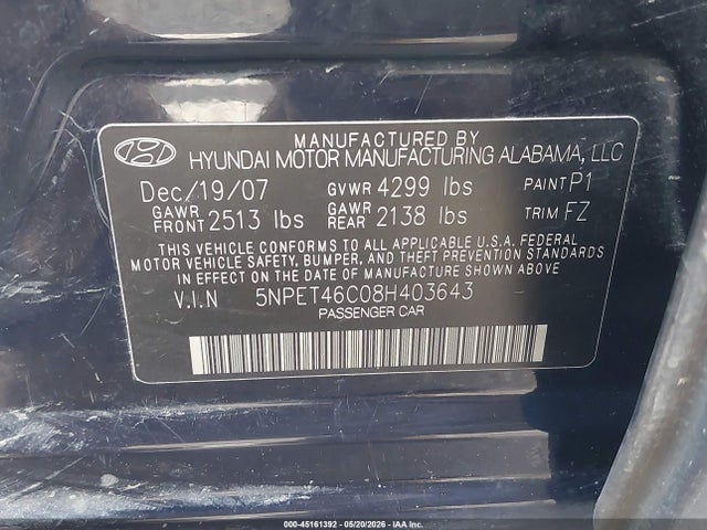 Продаж на аукціоні авто 2008 Hyundai Sonata Gls, vin: 5NPET46C08H403643, номер лоту: 45161392
