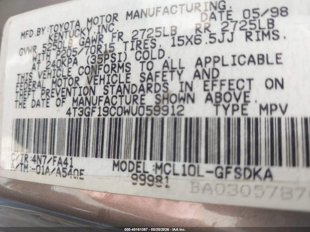 Aukcja sprzedaży 1998 Toyota Sienna Ce, vin: 4T3GF19C0WU059912, numer aukcji: 45161397