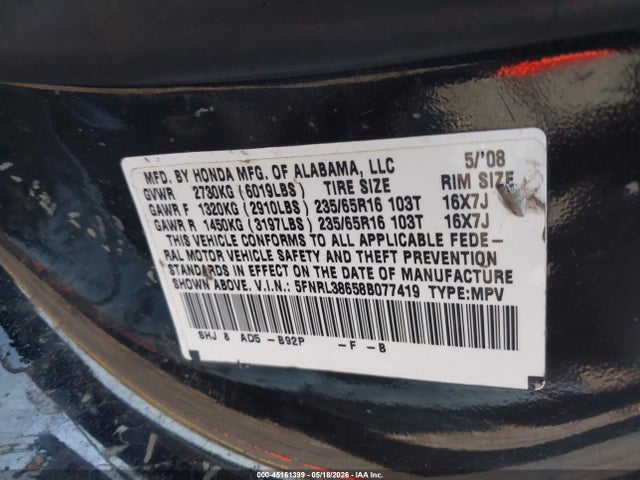 Продаж на аукціоні авто 2008 Honda Odyssey Ex-l, vin: 5FNRL38658B077419, номер лоту: 45161399