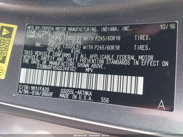 45161401 :رقم المزاد ، 5TDBKRFH5GS348162 vin ، 2016 Toyota Highlander Le/le Plus مزاد بيع