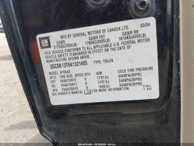 Aukcja sprzedaży 2004 Chevrolet Silverado 1500 Z71, vin: 2GCEK13T641321465, numer aukcji: 45161404