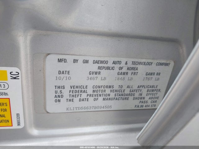 Продажа на аукционе авто 2007 Chevrolet Aveo Ls, vin: KL1TD56637B094505, номер лота: 45161406