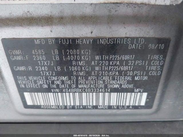 45161410 :رقم المزاد ، 4S4BRBKC6B3334614 vin ، 2011 Subaru Outback 2.5i Limited مزاد بيع
