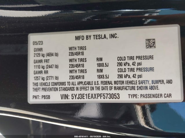 2023 Tesla Model 3 Rear-wheel Drive მანქანა იყიდება აუქციონზე, vin: 5YJ3E1EAXPF573053, აუქციონის ნომერი: 45161411