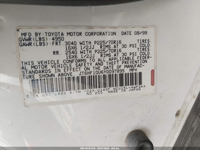 Aukcja sprzedaży 2000 Lexus Rx 300, vin: JT6HF10U6Y0097895, numer aukcji: 45161416