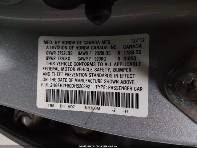 Aukcja sprzedaży 2013 Honda Civic Ex, vin: 2HGFB2F80DH520392, numer aukcji: 45161421