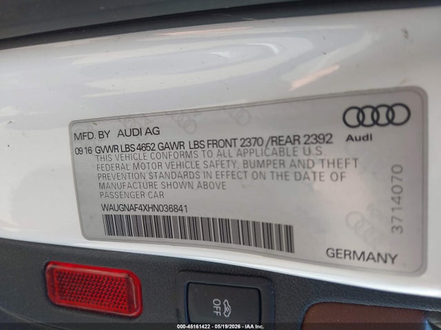 Aukcja sprzedaży 2017 Audi A4 2.0t Premium, vin: WAUGNAF4XHN036841, numer aukcji: 45161422