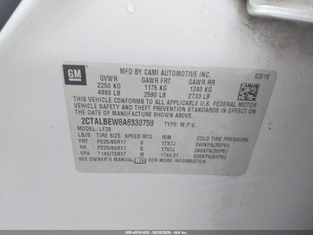 Aukcja sprzedaży 2010 Gmc Terrain Sle-1, vin: 2CTALBEW8A6330759, numer aukcji: 45161425