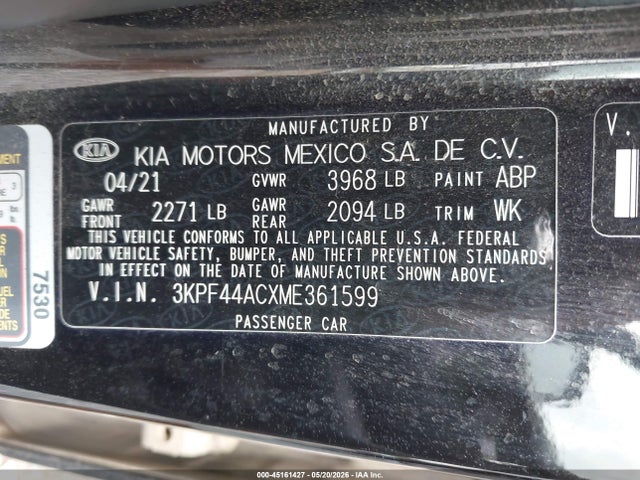Aukcja sprzedaży 2021 Kia Forte Gt, vin: 3KPF44ACXME361599, numer aukcji: 45161427