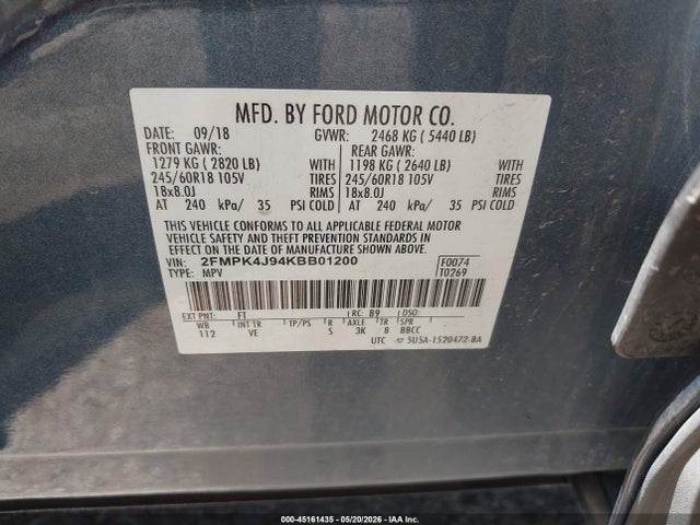2019 Ford Edge Sel მანქანა იყიდება აუქციონზე, vin: 2FMPK4J94KBB01200, აუქციონის ნომერი: 45161435