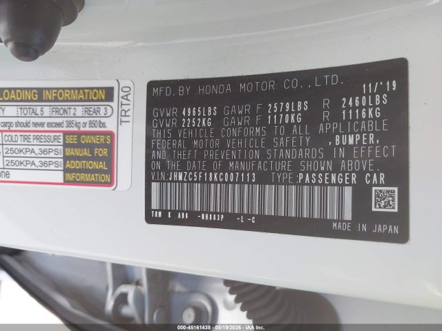 2019 Honda Clarity Plug-in Hybrid მანქანა იყიდება აუქციონზე, vin: JHMZC5F18KC007113, აუქციონის ნომერი: 45161438