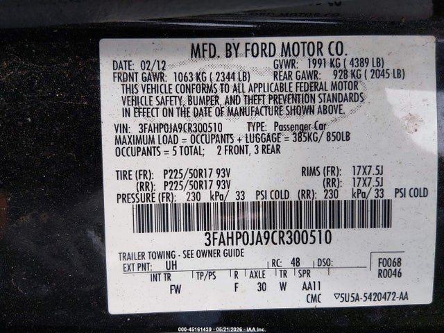 Aukcja sprzedaży 2012 Ford Fusion Sel, vin: 3FAHP0JA9CR300510, numer aukcji: 45161439