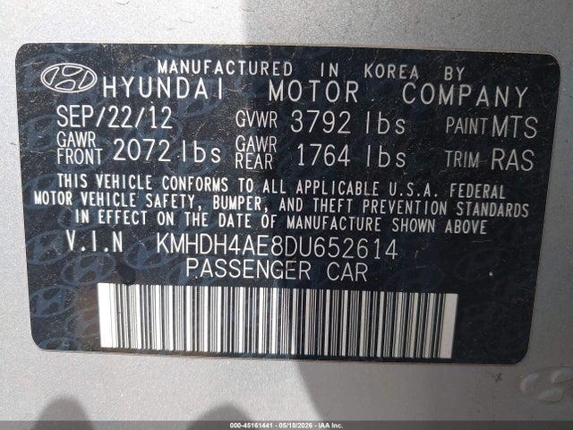 2013 Hyundai Elantra Gls მანქანა იყიდება აუქციონზე, vin: KMHDH4AE8DU652614, აუქციონის ნომერი: 45161441