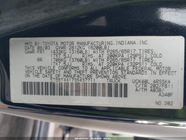 45161447 :رقم المزاد ، 5TBBT44173S437711 vin ، 2003 Toyota Tundra Sr5 V8 مزاد بيع