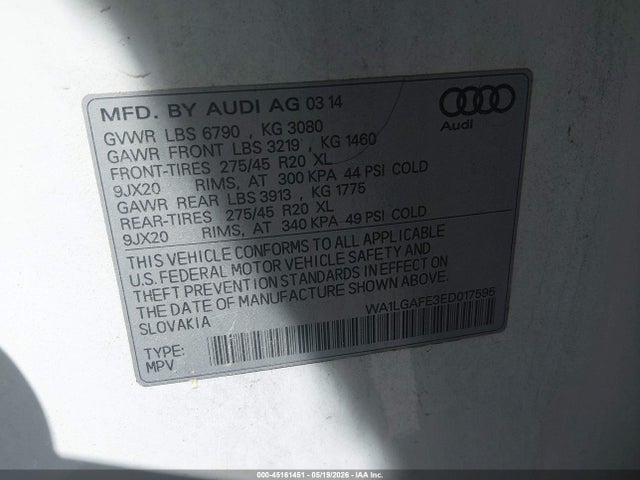 Продаж на аукціоні авто 2014 Audi Q7 3.0t Premium, vin: WA1LGAFE3ED017595, номер лоту: 45161451
