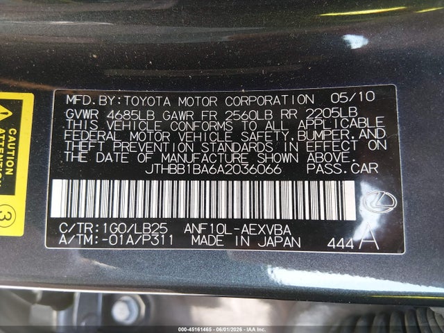 Aukcja sprzedaży 2010 Lexus Hs 250h, vin: JTHBB1BA6A2036066, numer aukcji: 45161465