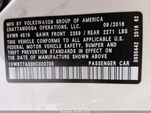 Продажа на аукционе авто 2017 Volkswagen Passat 1.8t Se, vin: 1VWBT7A33HC020705, номер лота: 45161469