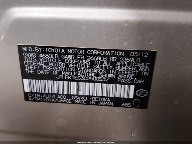 45161474 :رقم المزاد ، JTHBK1EG3C2500532 vin ، 2012 Lexus Es 350 مزاد بيع