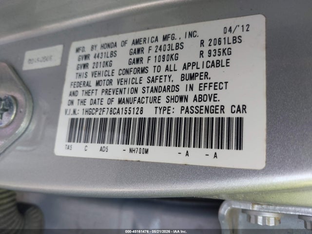 Продаж на аукціоні авто 2012 Honda Accord 2.4 Ex, vin: 1HGCP2F78CA155128, номер лоту: 45161476