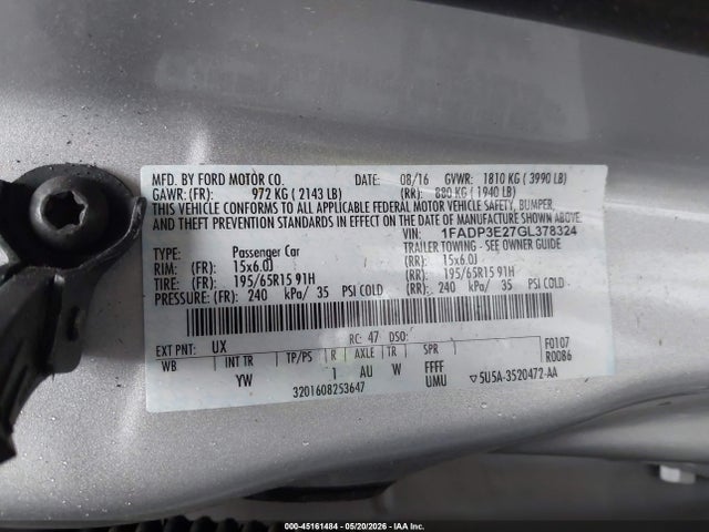 45161484 :رقم المزاد ، 1FADP3E27GL378324 vin ، 2016 Ford Focus S مزاد بيع