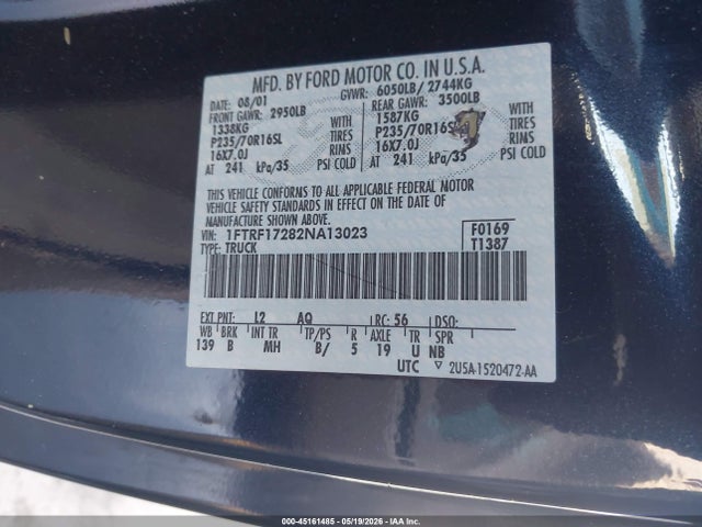 2002 Ford F-150 Xl/xlt მანქანა იყიდება აუქციონზე, vin: 1FTRF17282NA13023, აუქციონის ნომერი: 45161485