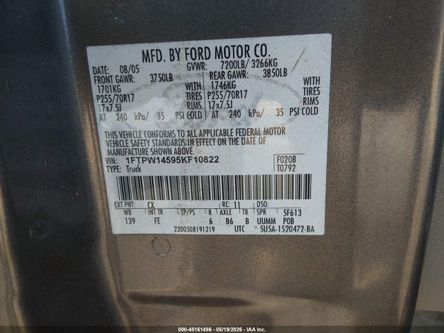 Продажа на аукционе авто 2005 Ford F-150 Fx4/lariat/xlt, vin: 1FTPW14595KF10822, номер лота: 45161486