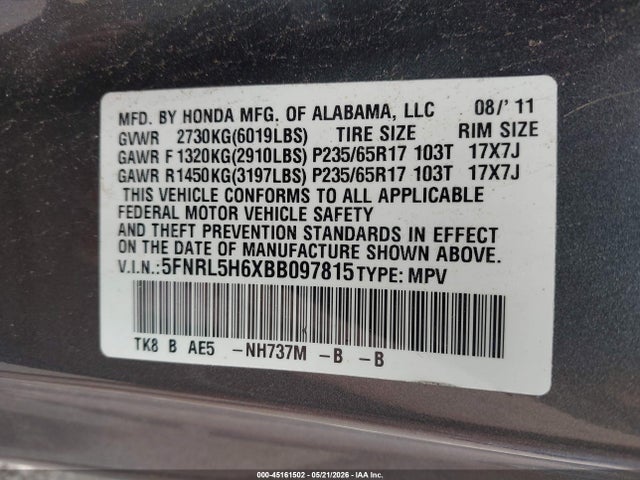 Auction sale of the 2011 Honda Odyssey Ex-l, vin: 5FNRL5H6XBB097815, lot number: 45161502