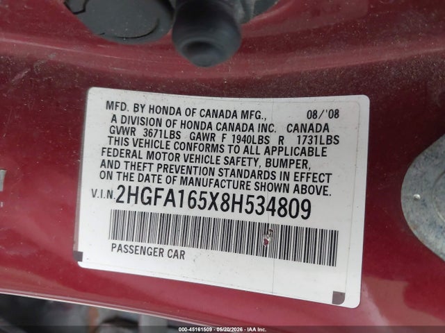 Aukcja sprzedaży 2008 Honda Civic Lx, vin: 2HGFA165X8H534809, numer aukcji: 45161509