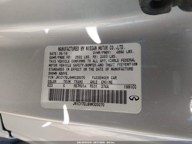 2017 Infiniti Q60 2.0t მანქანა იყიდება აუქციონზე, vin: JN1CV7EL6HM320070, აუქციონის ნომერი: 45161519