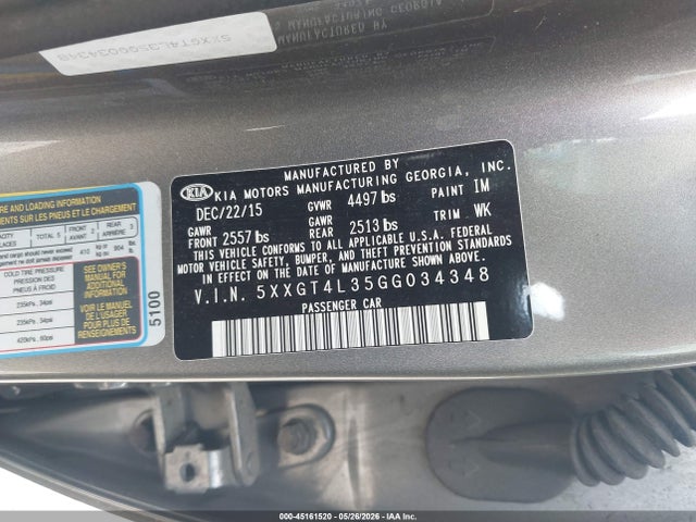 45161520 :رقم المزاد ، 5XXGT4L35GG034348 vin ، 2016 Kia Optima Lx مزاد بيع