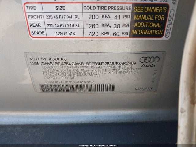 Aukcja sprzedaży 2006 Audi A3 3.2 S Line, vin: WAUKD78P66A086552, numer aukcji: 45161523