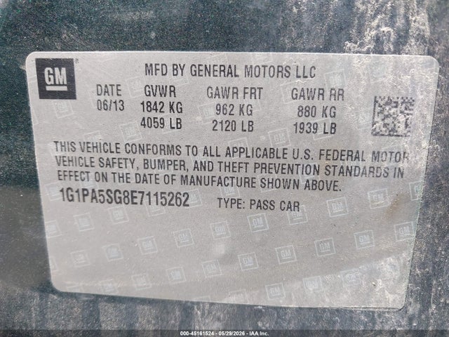 45161524 :رقم المزاد ، 1G1PA5SG8E7115262 vin ، 2014 Chevrolet Cruze Ls Auto مزاد بيع