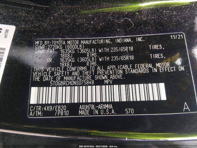 Aukcja sprzedaży 2022 Toyota Highlander Hybrid Xle, vin: 5TDGBRCH0NS075848, numer aukcji: 45161534