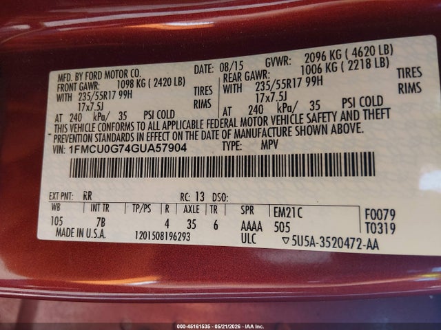 Продажа на аукционе авто 2016 Ford Escape Se, vin: 1FMCU0G74GUA57904, номер лота: 45161535