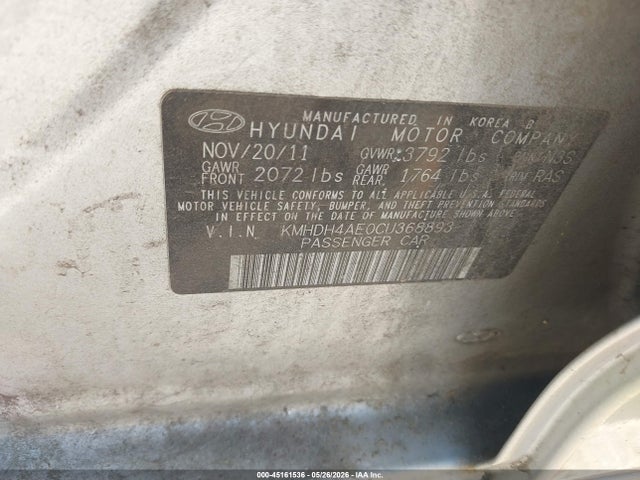 Продажа на аукционе авто 2012 Hyundai Elantra Gls (ulsan Plant), vin: KMHDH4AE0CU368893, номер лота: 45161536