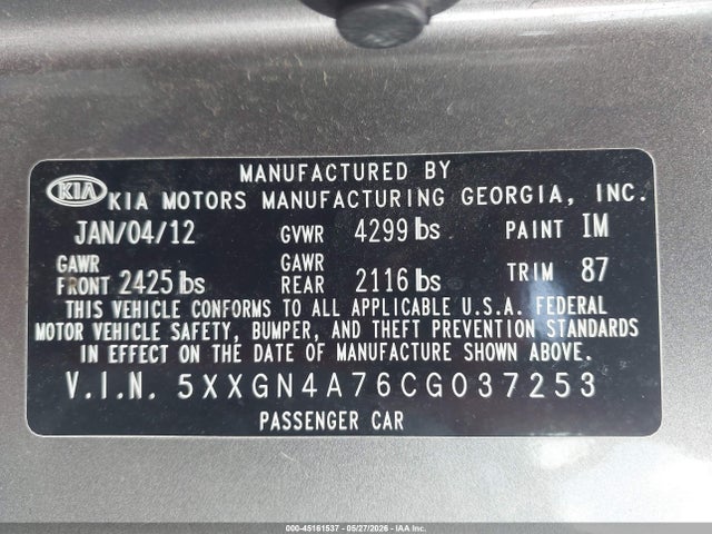 2012 Kia Optima Ex მანქანა იყიდება აუქციონზე, vin: 5XXGN4A76CG037253, აუქციონის ნომერი: 45161537