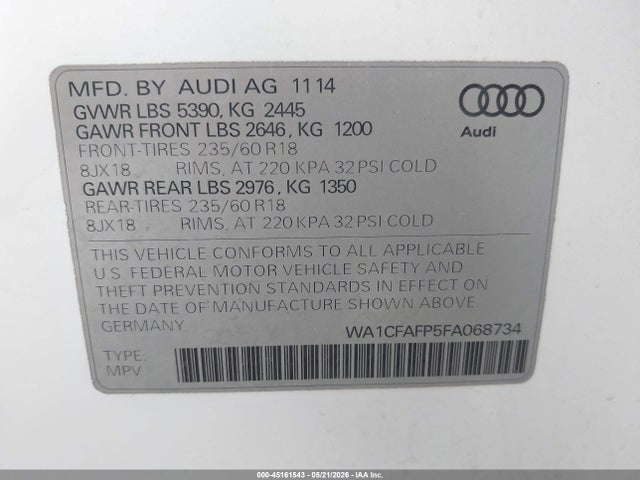 45161543 :رقم المزاد ، WA1CFAFP5FA068734 vin ، 2015 Audi Q5 2.0t Premium مزاد بيع