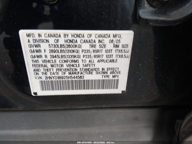 Продажа на аукционе авто 2005 Acura Mdx, vin: 2HNYD18925H544562, номер лота: 45161545