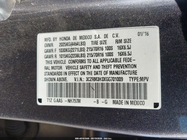 Продаж на аукціоні авто 2016 Honda Cr-v Lx, vin: 3CZRM3H3XGG701009, номер лоту: 45161549