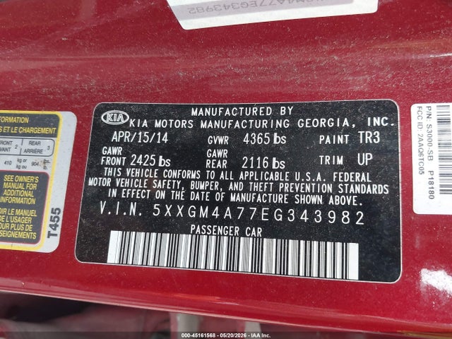 Aukcja sprzedaży 2014 Kia Optima Lx, vin: 5XXGM4A77EG343982, numer aukcji: 45161568