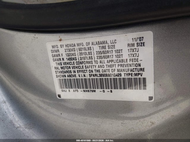 45161569 :رقم المزاد ، 5FNRL38908B010429 vin ، 2008 Honda Odyssey Touring مزاد بيع