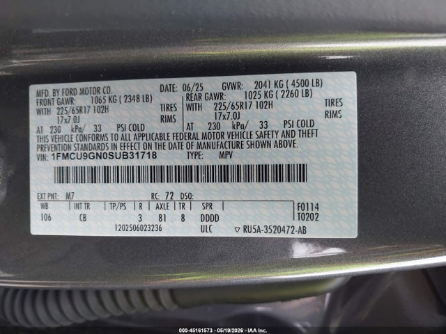 45161573 :رقم المزاد ، 1FMCU9GN0SUB31718 vin ، 2025 Ford Escape Active مزاد بيع