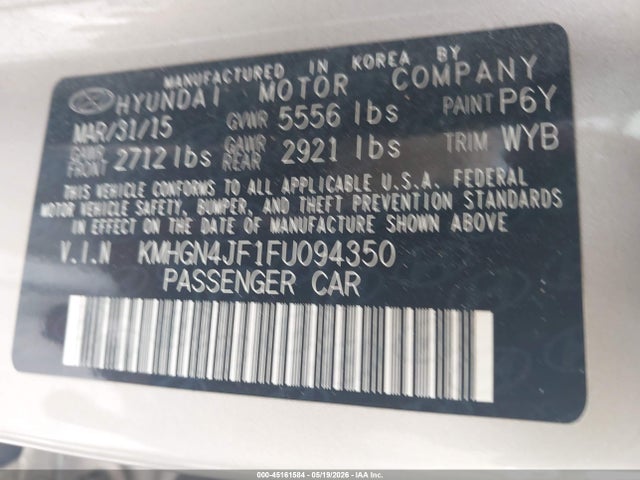 2015 Hyundai Genesis 5.0 მანქანა იყიდება აუქციონზე, vin: KMHGN4JF1FU094350, აუქციონის ნომერი: 45161584