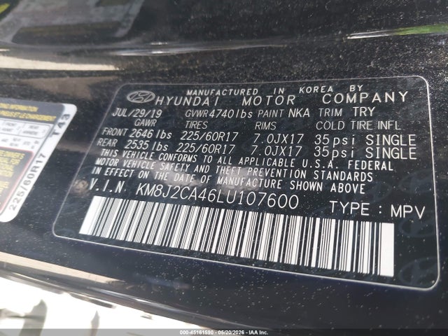 2020 Hyundai Tucson Se მანქანა იყიდება აუქციონზე, vin: KM8J2CA46LU107600, აუქციონის ნომერი: 45161590
