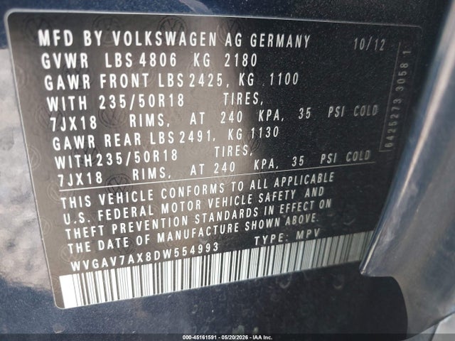 Aukcja sprzedaży 2013 Volkswagen Tiguan Se, vin: WVGAV7AX8DW554993, numer aukcji: 45161591