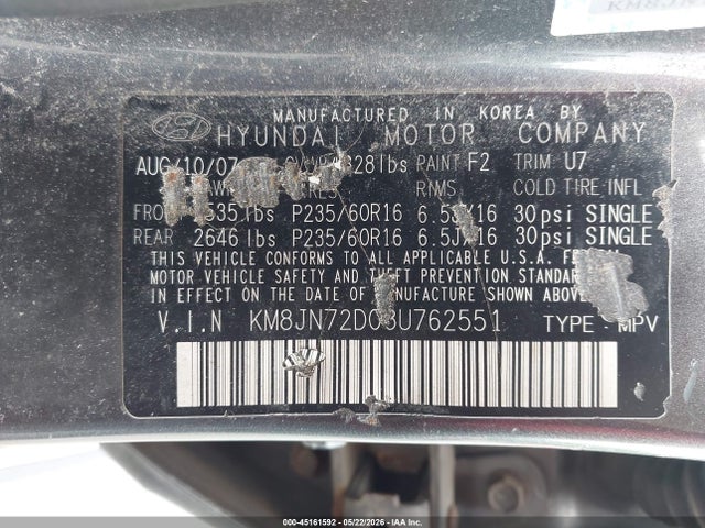 45161592 :رقم المزاد ، KM8JN72D08U762551 vin ، 2008 Hyundai Tucson Limited V6/se مزاد بيع