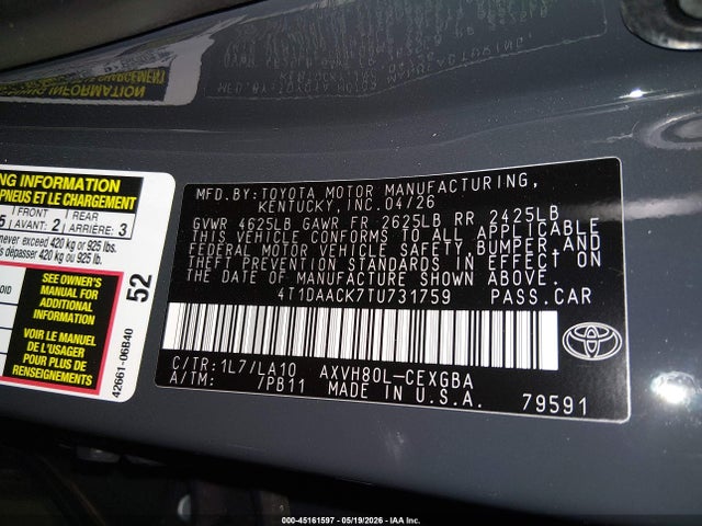 Aukcja sprzedaży 2026 Toyota Camry Xle, vin: 4T1DAACK7TU731759, numer aukcji: 45161597
