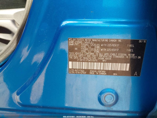 45161601 :رقم المزاد ، 2T3BFREV7GW509976 vin ، 2016 Toyota Rav4 Le مزاد بيع